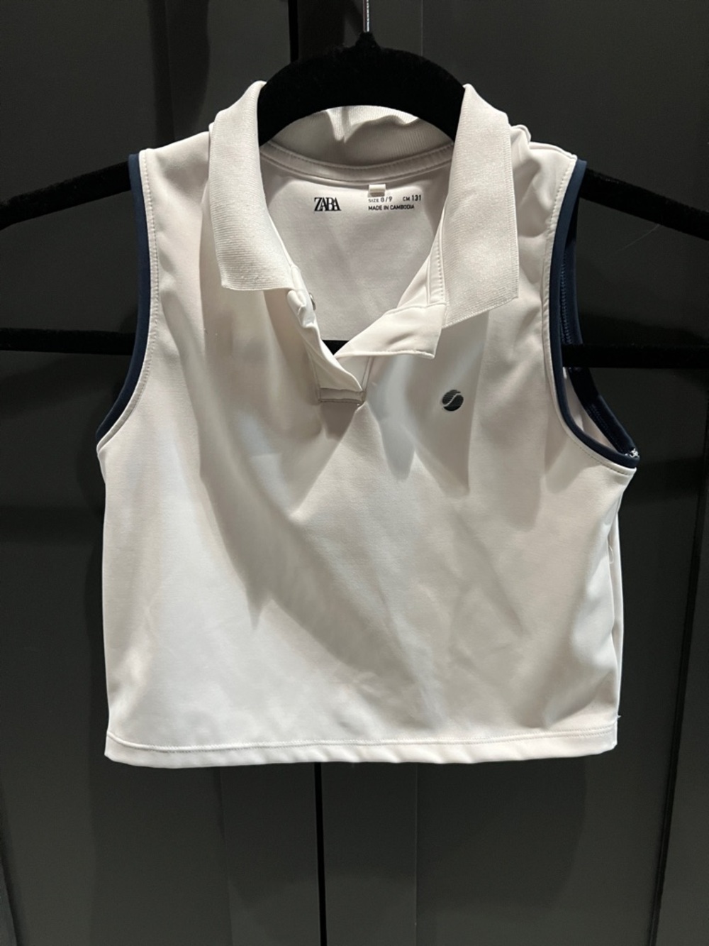 Zara White Sleeveless Polo Top with Navy Trim